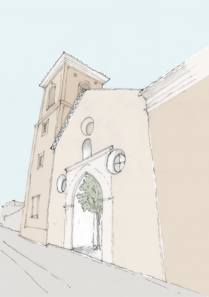 Dibujo de la iglesia, acceso por la zona publica del mirador