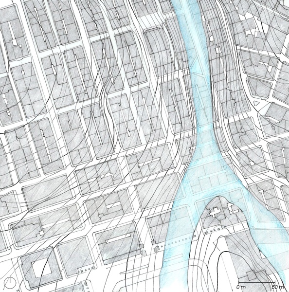 Plano del barrio Baixa sobre topografía ficticia