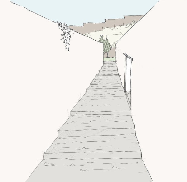 Dibujo de la escalera de acceso a las viviendas y a los huertos