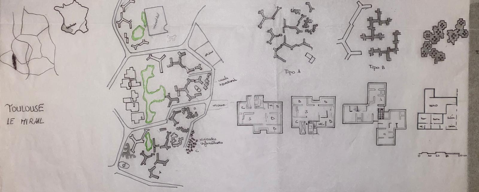 Toulouse es una ciudad ubicada al sur de Francia. A ella llegan cuatro vias principales y le a traviesa el río Garona. Nos centramos en su parte sur-oete,donde se encuentra Mirail, Mirail destacada por sus carácter educativo, en él se encuentra la universidad y varios colegios a su alrededor, además de la Escuela Nacional Superior de Arquitectura. Luego está el distrtito de Reyneire, es el central y destaca por ser un lugar de ocio, tiene un lago, zonas verdes, parques, museos, restaurantes y tiendas. Y por último, el distrito Bellefontaine, en el que predominan las residencias y bloques de viviendas de distintas alturas.   Tenemos tres tipos de viviendas en los distritos:  -Bloques de viviendas plurifamiliares, son edificios muy atos. Cuenta con dos tipos de viviendas una grande y otra pequeña, además presenta doble altura en sus plantas. Cuenta con un parking subterráneo.  -Bloque de viviendas plurifamuliares,  estos son edificios de altura media. En él se albergan 4 tipologias de viviendas distintas que va de más habitaciones a menos. Estos tambien presentan una doble altura en sus plantas.  -Viviendas unifamiliasres conjuntas, son viviendas de una sola planta, con patio interior, y todas juntas.. Cuentan con zonas comunes por las que entrar.